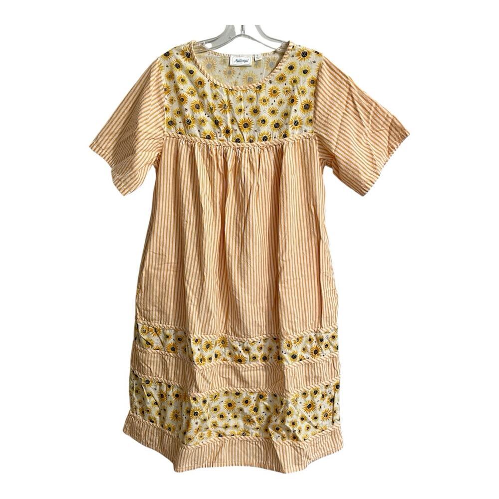Vintage National House Dress Size Small Orange White Striped Sunflowers Pockets